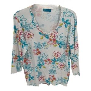 Fresh Produce White Floral Print Top Size L Cotton Stretch Ruffle Edge Shirt